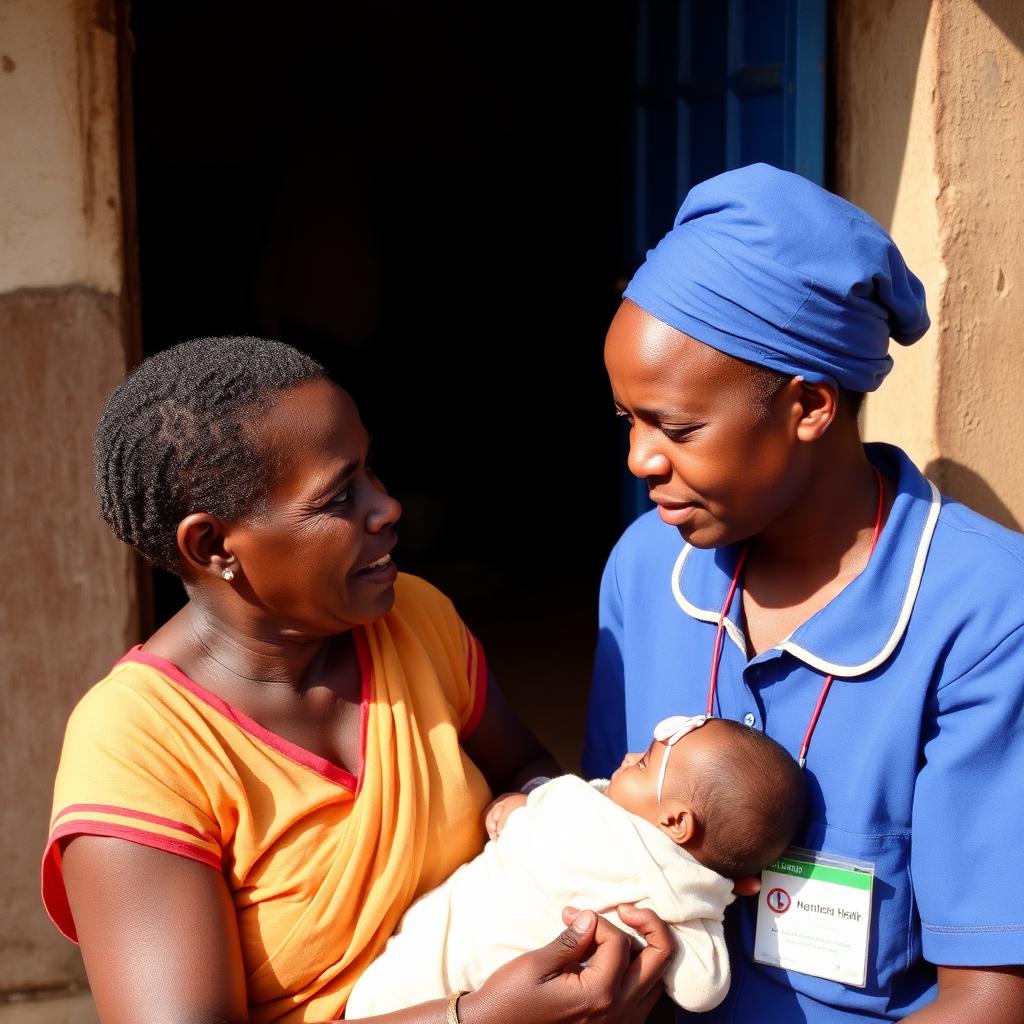 Community health worker speaking with a mother and baby