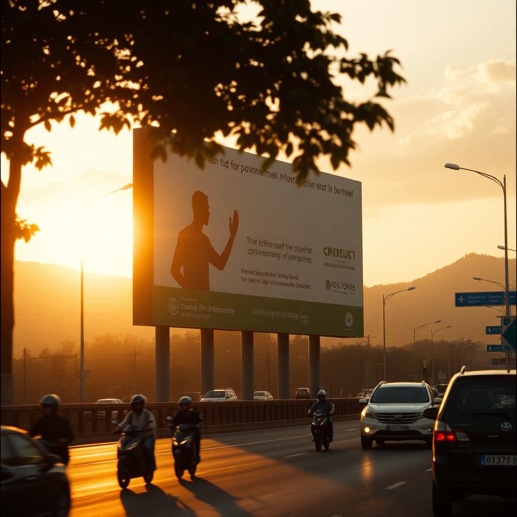 Civic billboard along a Kigali boulevard at golden hour