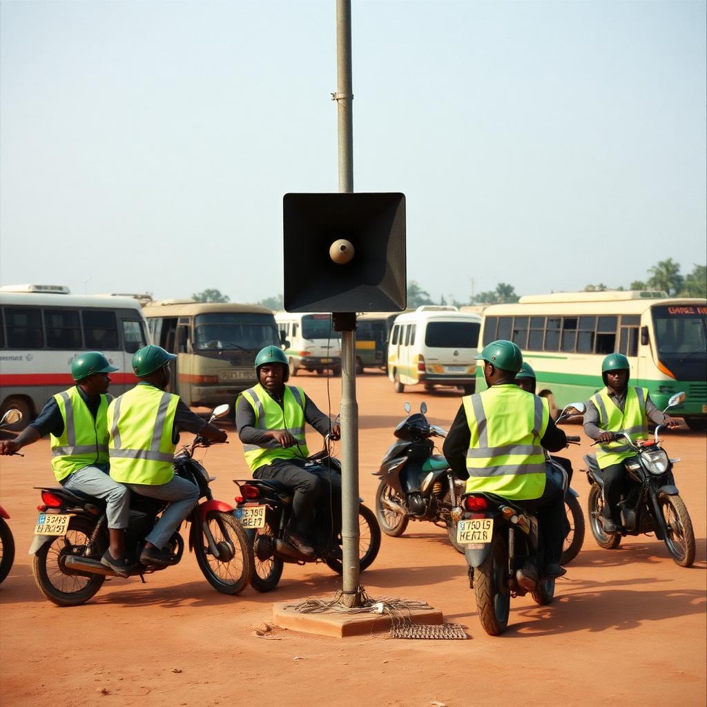 Moto-taxi drivers gathered around a PA loudspeaker at a bus park